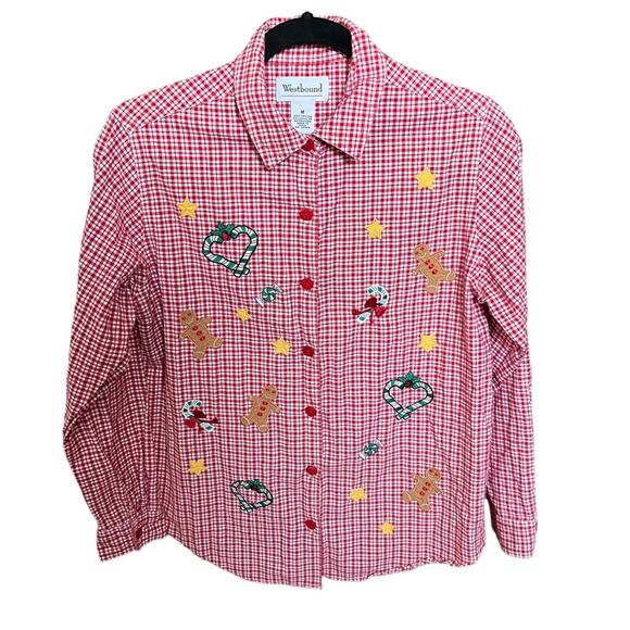 Westbound Plaid Button Down Long Sleeve Shirt With Christmas Embroidery Size M - Picture 1 of 7